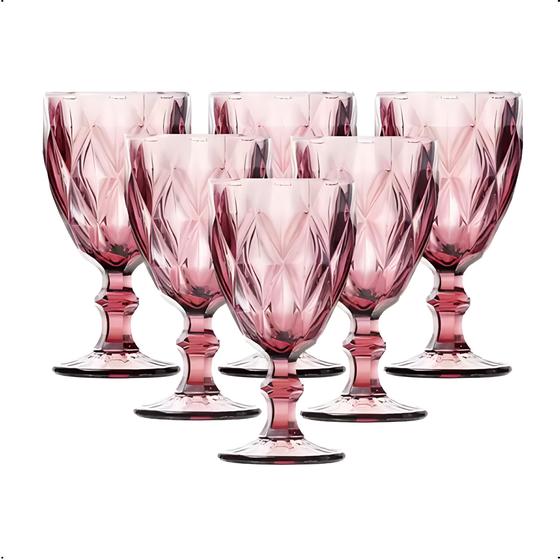 Imagem de Jogo 6 Taças Água Vinho Vidro Diamante Rosa 300ML Abacaxi Decoração Buffet Festas Mesa Posta