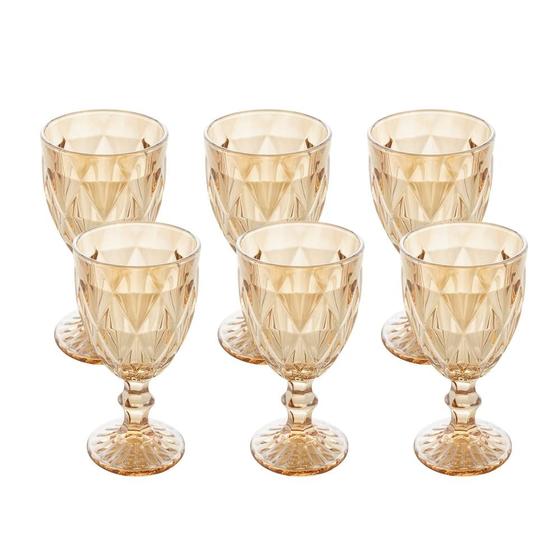 Jogo 6 Taças Âmbar Bico de Jaca em Vidro Estilo Diamante Para Água e Vinho