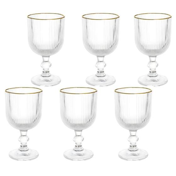 Jogo 6 Taças Versalhes Gold Vidro Canelado Borda Dourada 260ml - CLICK HOUSE