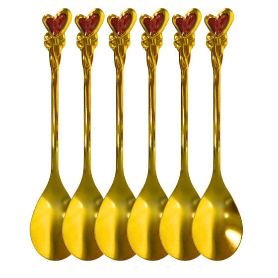 Imagem de Jogo 6 UN Colher Sobremesa Luxo Design Moderno Dourado Gold 4215 Vermelho