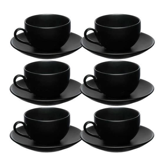 Imagem de Jogo 6 Xicara Café Chá Porcelana Preta 160ml Com Pires 6 Peças