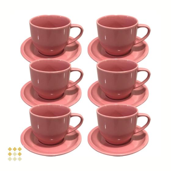 Imagem de Jogo 6 Xícara Chá Com Pires 170ml Rosa em Porcelana