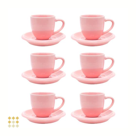 Imagem de Jogo 6 Xícara Chá Com Pires 95ml Rosa em Porcelana