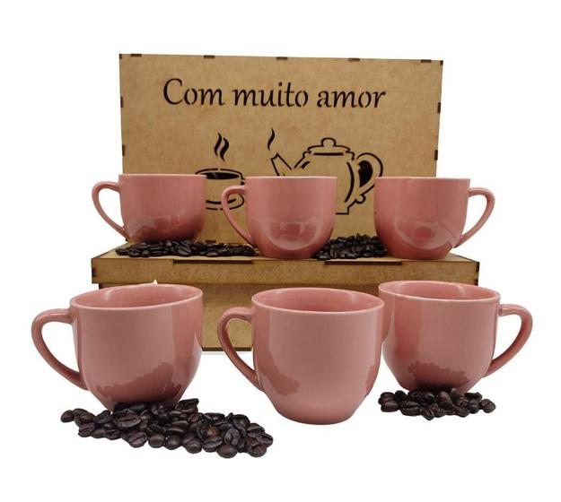 Imagem de Jogo 6 Xicaras 170Ml Porcelana Para Café Chá Caixa Mdf Rosa