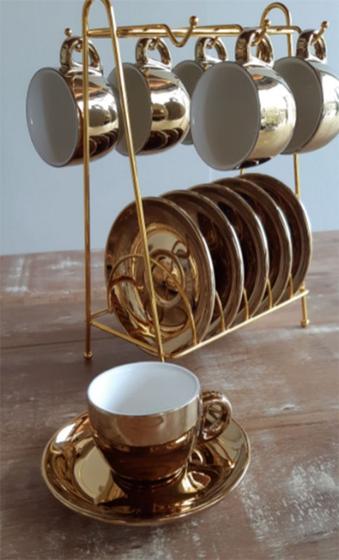 Imagem de Jogo 6 Xícaras 90ml De Café Porcelana com Pires e suporte Branco/Dourado
