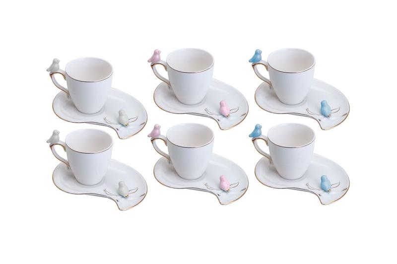 Imagem de Jogo 6 xícaras 90ml para café de porcelana com pires Cute Birds Plate Wolff - 18124