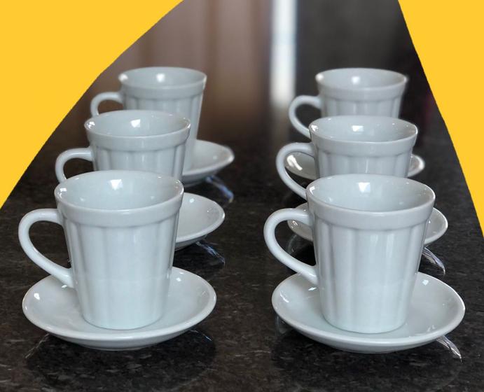 Imagem de Jogo 6 xícaras de Café e Chá com pires - 120 ml Tipo Copo Americano - Porcelana branca