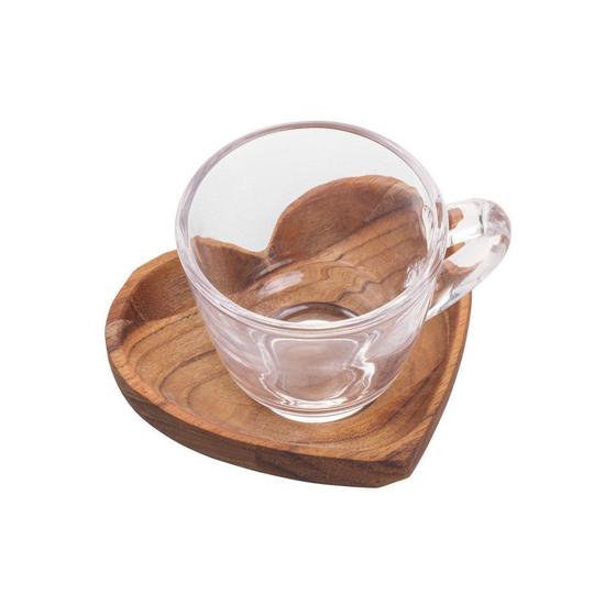 Imagem de Jogo 6 xícaras para café em vidro 75ml com pires em madeira Teca Coração - WoodArt