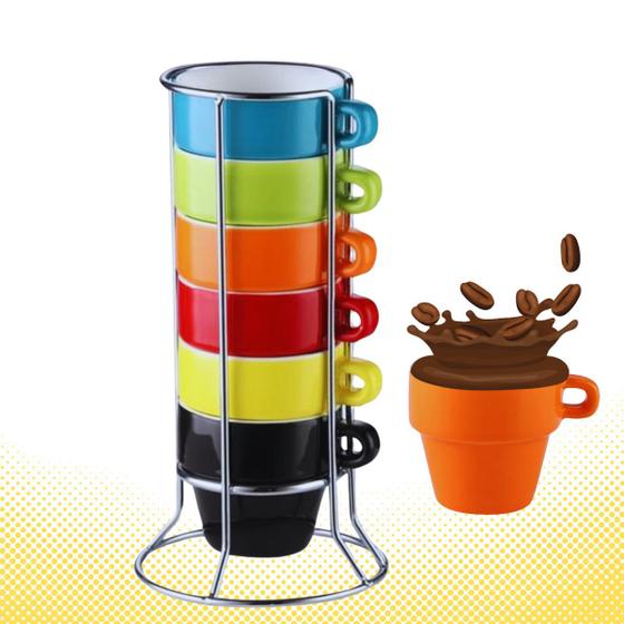 Imagem de Jogo 6 Xícaras Para Café Expresso Com Suporte Coloridas 50ml