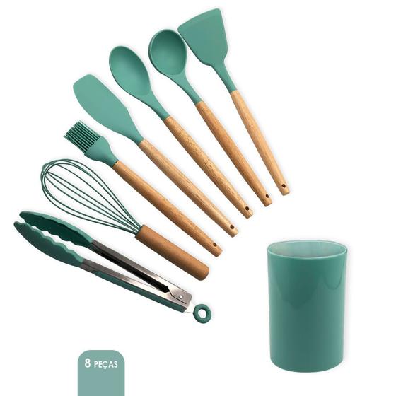 Imagem de Jogo 7 Utensilios Silicone + suporte organizador Conjunto completo colher espatula fue pincel copo concha - Verde Escuro