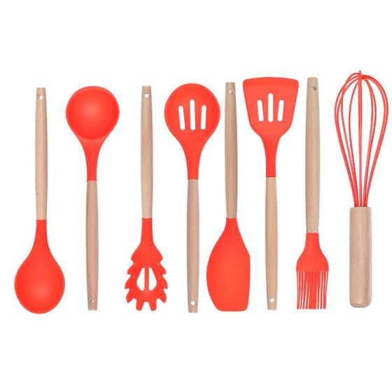 Imagem de Jogo 8 Utensílios De Cozinha Silicone Cabo De Bambu Vermelho