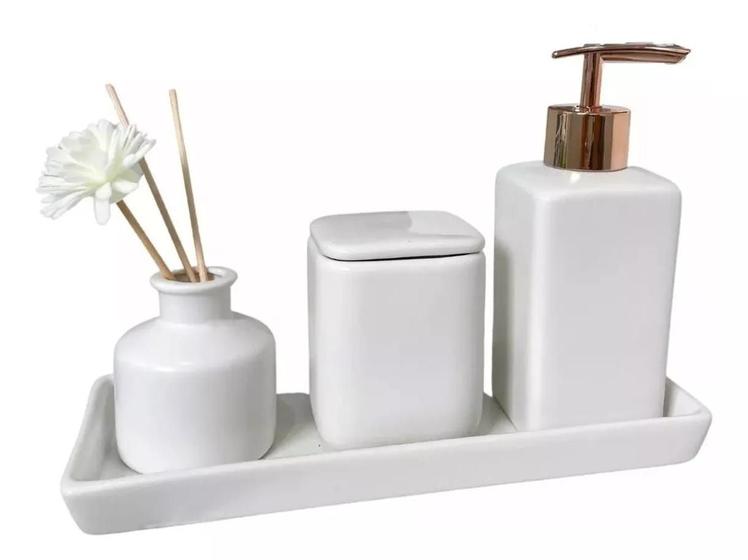 Jogo Banheiro Lavabo Porcelana Branco Bandeja Difusor 4 Pças Menor preço em Jogo Banheiro Lavabo Porcelana Branco Bandeja Difusor 4 Pças
