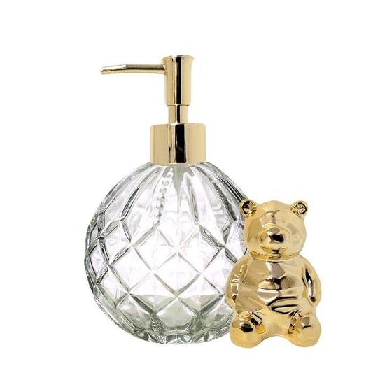 Imagem de Jogo Banheiro Porta Sabonete Líquido Vitral e Enfeite Urso Porcelana Dourado Gold 8cm - Yangzi