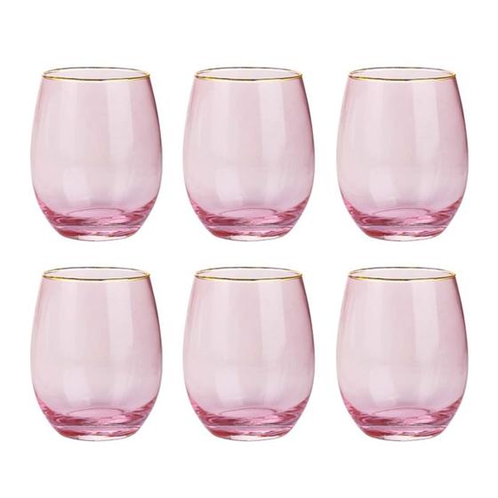 Imagem de Jogo c/ 6 copos de vidro rosa com borda dourada 580 ml