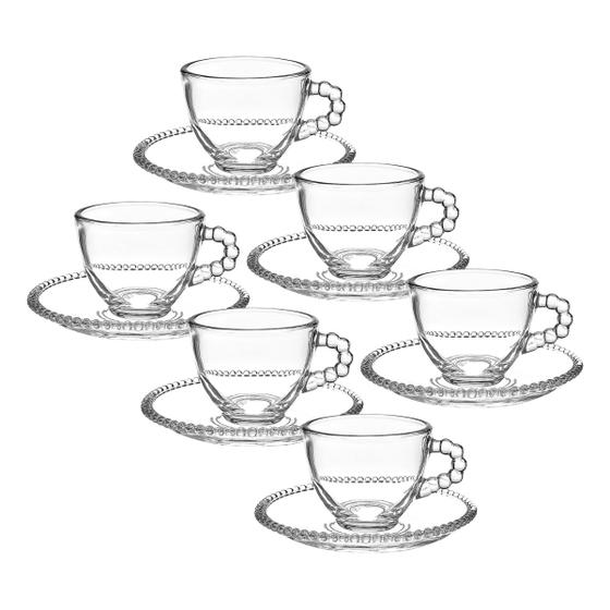 Imagem de Jogo C/6 Xícaras Pérola De Vidro Com Pires Chá Café 270ml