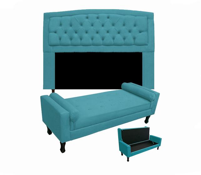 Imagem de Jogo Cabeceira Geovana + Calçadeira Fênix Queen 160cm Suede Azul Turquesa- DL Decor