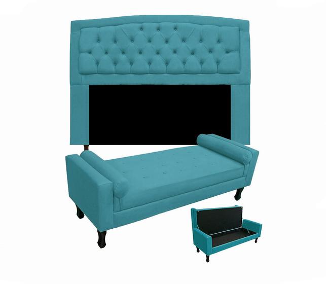 Imagem de Jogo Cabeceira Geovana + Calçadeira Fênix Queen 160cm Suede Azul Turquesa- LM DECOR