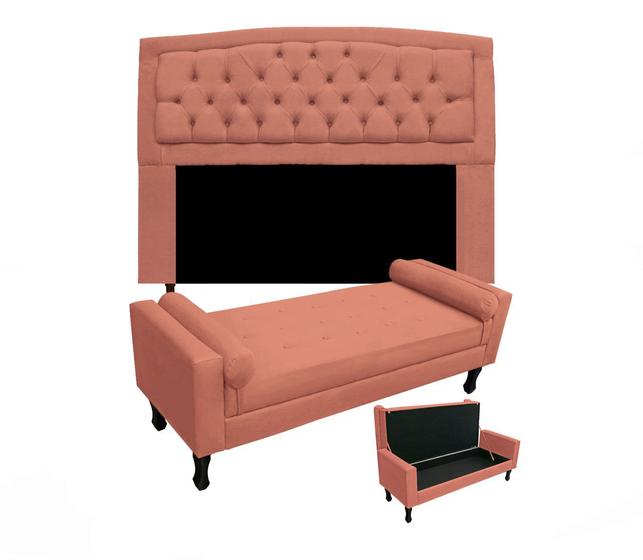 Imagem de Jogo Cabeceira Geovana + Calçadeira Fênix Solteiro 90cm Suede Coral - DL Decor