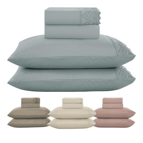 Imagem de Jogo Cama King Size Bordado Tecido Percal Acetinado 200 Fios Rendado Jogo de Lençol King Gigante