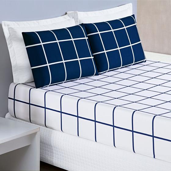 Imagem de Jogo Cama Lençol Brooklyn Queen Quadriculado Micropercal 200 Fios 3 Peças - Azul Marinho - 100% Poliéster