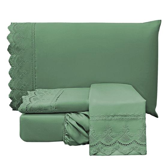 Imagem de Jogo Cama Lençol Casa Scarpa Loren King Bordado Inglês Micro Percal 300 Fios 4 Peças - Verde Esmeralda