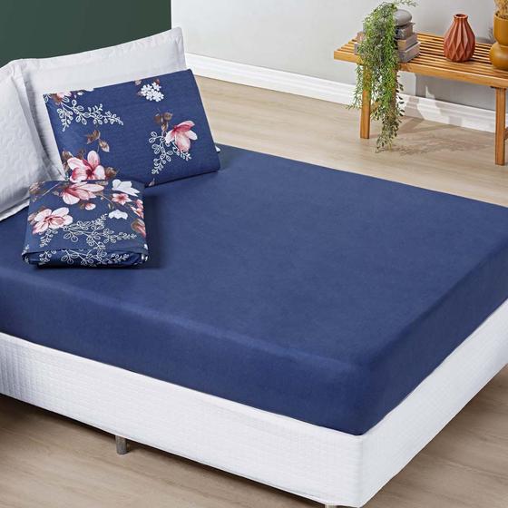 Imagem de Jogo Cama Lençol Celi Casal Padrão Micropercal 200 Fios 3 Peças - Azul Marinho Floral