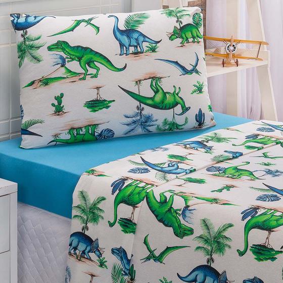 Imagem de Jogo Cama Lençol Diverkids Solteiro Infantil Malha Soft 100% Algodão 3 Peças - Dinossauro Verde Azul