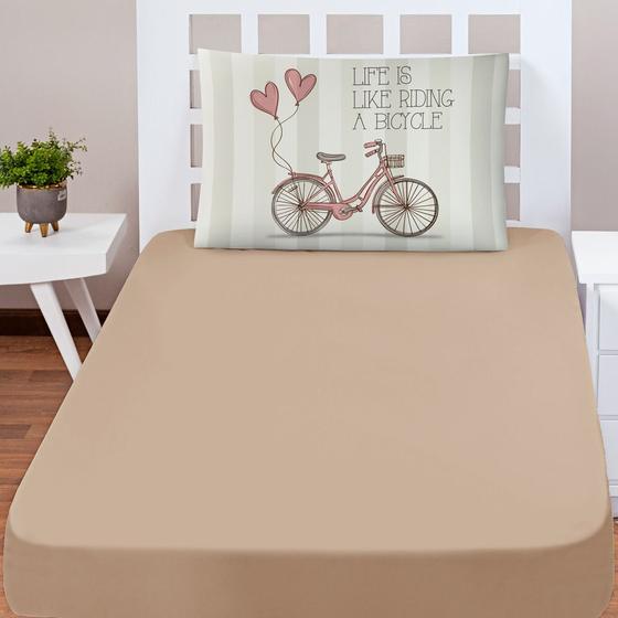 Imagem de Jogo Cama Lençol Shine Solteiro Microfibra 180 Fios 2 Peças - Vintage Bike Bege