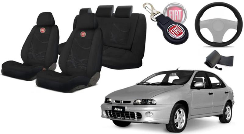 Imagem de Jogo Capas Tecido Bancos Fiat Brava 1999-2001 + Capa de Volante e Chaveiro - Luxo e Proteção