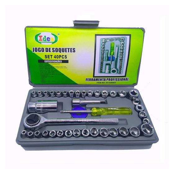 Imagem de Jogo Chave Catraca Reversível Manual Soquetes Sextavado Cromada Kit 3 / 8" Kit 40 Peças Com Soquete de Vela 21mm E Maleta ferramenta