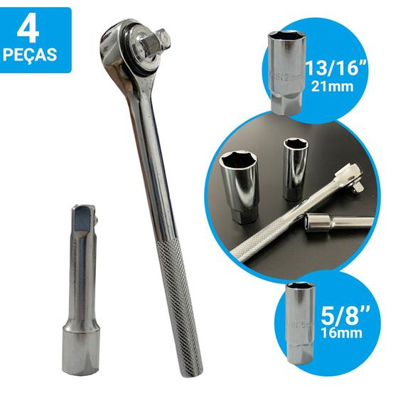 Imagem de Jogo Chave De Vela Catraca Soquete 16 mm Extensor Com 4 Pçs