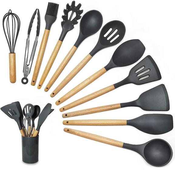 Imagem de Jogo Colheres Utensílios Silicone Maciço Preto 11 Peças