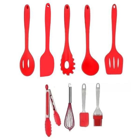 Imagem de Jogo Colheres Utensílios Silicone Maciço Vermelho 9 Peças