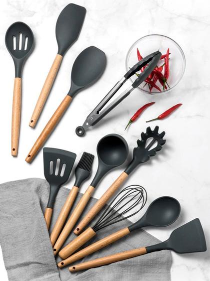 Jogo com 12 Talheres de Cozinha Espátula Concha Colher De Silicone Cabo de Madeira Menor preço em Jogo com 12 Talheres de Cozinha Espátula Concha Colher De Silicone Cabo de Madeira