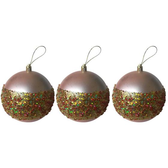 Imagem de Jogo Com 3 Bolas Natal Ø 10cm Rosa Fosco Com Aplicações