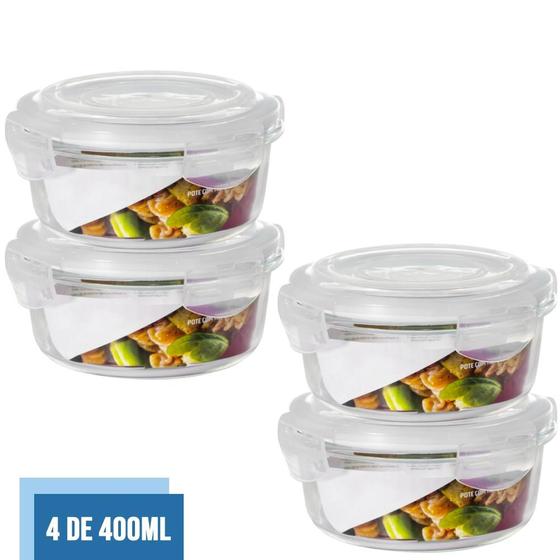 Imagem de Jogo com 4 Potes Vidro Hermético Mantimentos Marmita 400ml