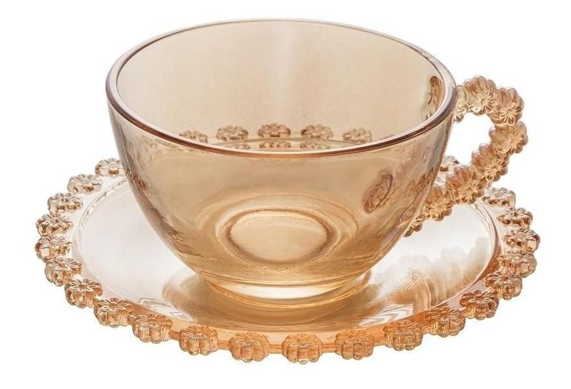 Imagem de Jogo com 4 Xicaras para Cha Com Pires Cristal Wolff Linha Daisy Ambar 170ml