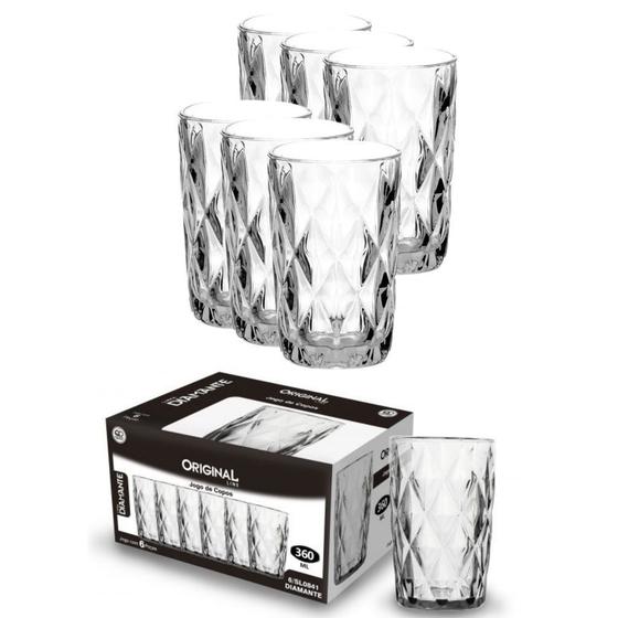 Imagem de Jogo Com 6 Copos de Vidro Transparente Diamond 400ML Suco Água Super Resistente
