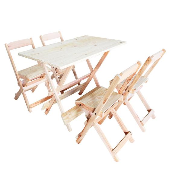 Imagem de Jogo Conjunto 1 Mesa 120x70 e 4 Cadeiras Bar Dobráveis Retratil de Madeira Maciça - Sem Pintura