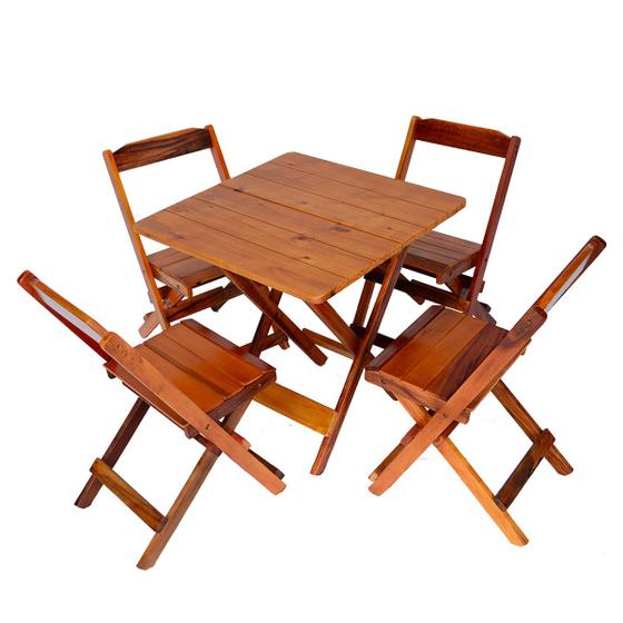 Jogo Conjunto 1 Mesa 70x70 e 4 Cadeiras Bar Dobrável em Madeira Com pintura Cor Mel Menor preço em Jogo Conjunto 1 Mesa 70x70 e 4 Cadeiras Bar Dobrável em Madeira Com pintura Cor Mel