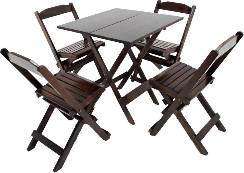 Jogo Conjunto 1 Mesa 70x70 e 4 Cadeiras Bar Dobrável em Madeira - Com pintura Imbuia Menor preço em Jogo Conjunto 1 Mesa 70x70 e 4 Cadeiras Bar Dobrável em Madeira - Com pintura Imbuia