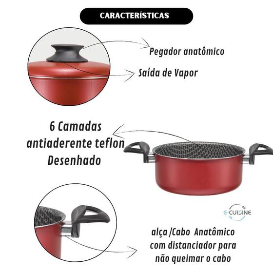 Imagem de Jogo Conjunto Kit de Panelas Caçarolas 5 Pçs Antiaderente TEFLON Vermelho Alumínio de Qualidade com Alças em Baquelite Reforçadas Não Quebra