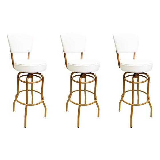 Imagem de Jogo de 3 Banquetas Bar Giratória com Encosto Estofado Altura 65cm cor Dourado fosco Assento grosso Confortável Branco