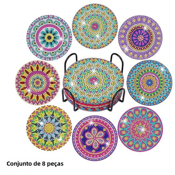 Imagem de Jogo de 8 Coasters de Mandala com Porta-Copos - Pintura de Diamante DIY