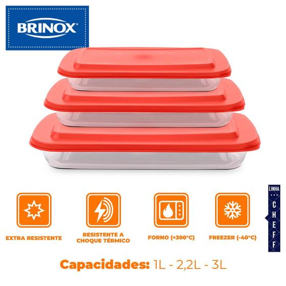 Jogo de Assadeiras de Vidro Marinex com Tampa Retangular Cheff 3 peças ...