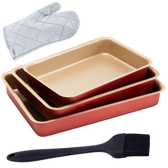 Imagem de Jogo de Assadeiras Forma Alta Retangular 03 Peças Antiaderentes + Luva Térmica + Pincel de Silicone Preto