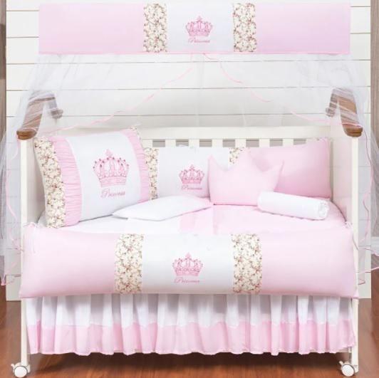 Imagem de Jogo De Berço Com 11 Peças Menina Coroa Princesa Rosa Claro