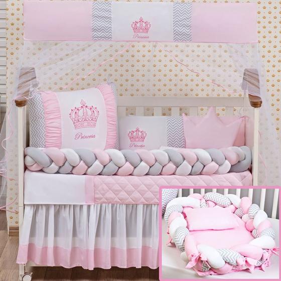Imagem de Jogo de berço coroa trança com caminha de bebê conforto rosa e azul 15 peças