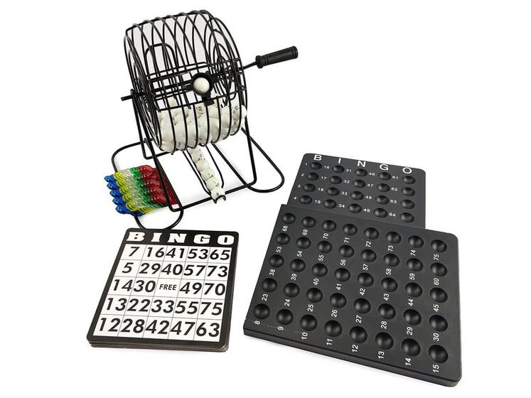 Imagem de Jogo de Bingo Globo Metal 75 bolas Com Cartelas Reutilizável Suporte para bolinhas e Marcadores Recreação Familiar