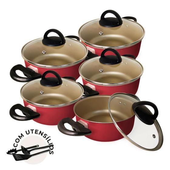 Jogo De Caçarolas 05 Pçs Cereja Com Tp De Vidro + Utensílios Menor preço em Jogo De Caçarolas 05 Pçs Cereja Com Tp De Vidro + Utensílios